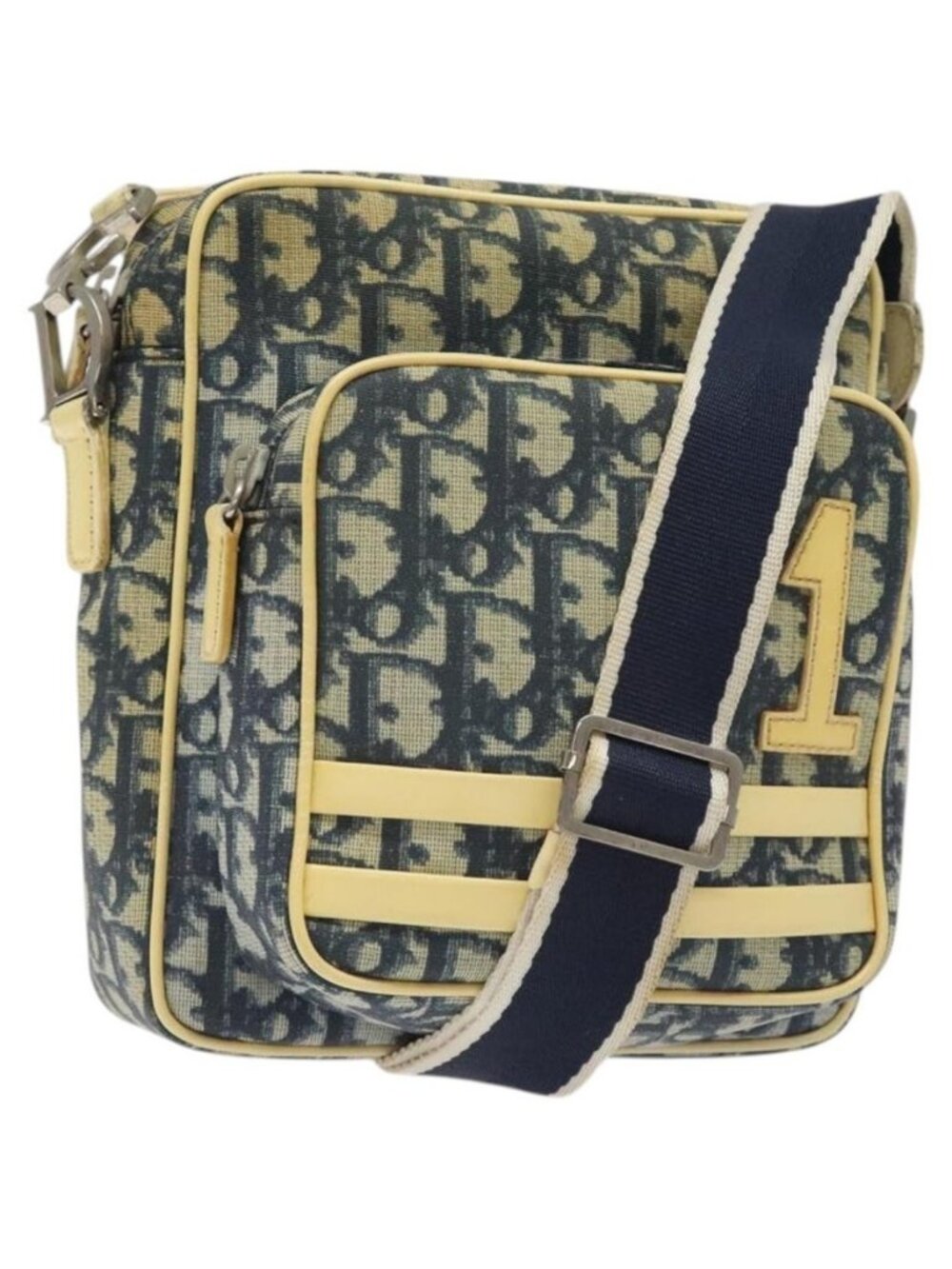 Authentic Christian Dior Trotter Canvas Shoulder Bag Navy Gold